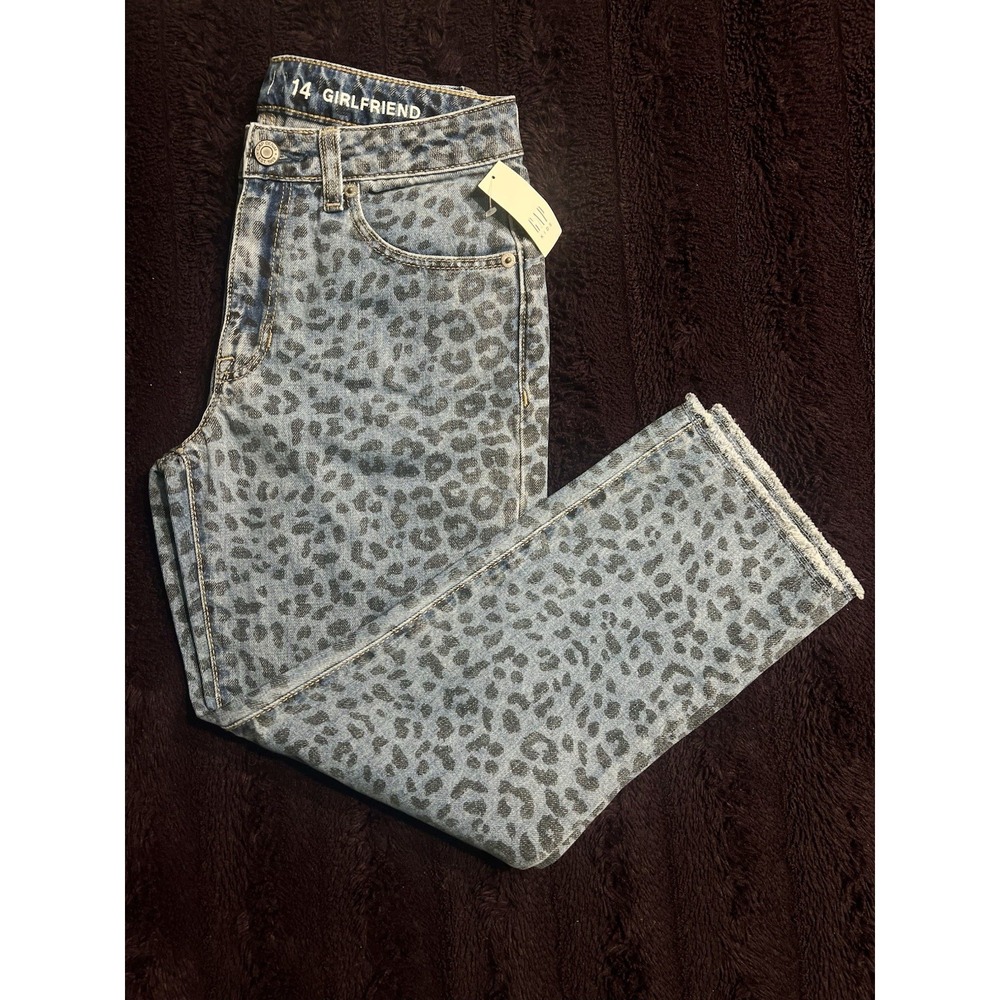 Gap Kids Leopard Print Girlfriend Jeans Size 14 Raw Hem Denim NWT